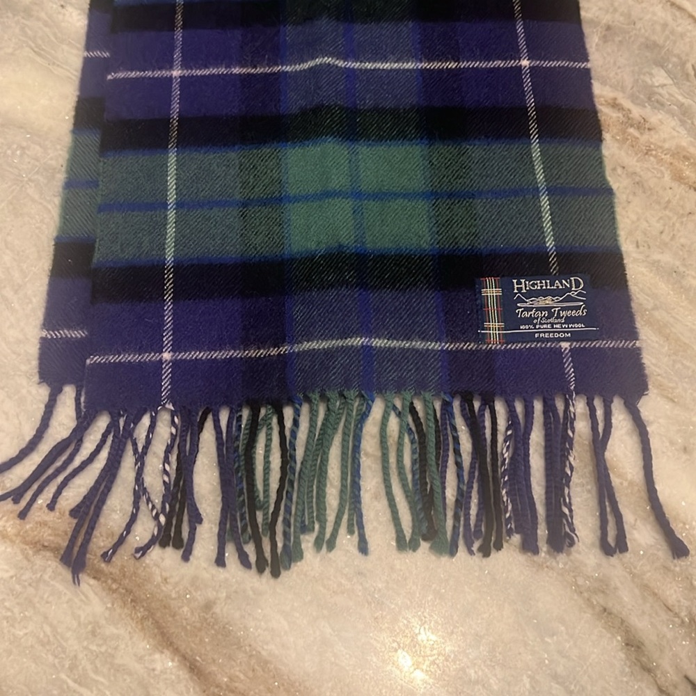 Highland Tartan Tweeds of Scotland Freedom Plaid Blue Green 54" x 12" Wool Scarf